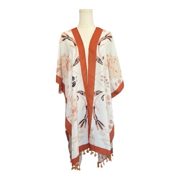 Tops - 🤎🤍 EUC Bohemian Cream & Rust Print Chiffon Kimono Caftan Cover Up | OS